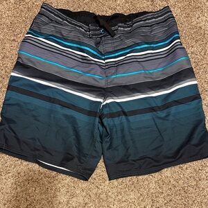 OP Men's Striped Swim Shorts - Black, Blue, and White
